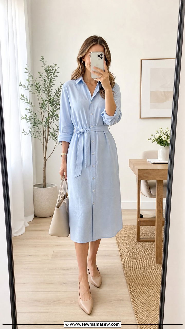 Belted Midi Shirt Dress With Nude Pointed Toe Flats - 25 Outfit ideas to elongate legs