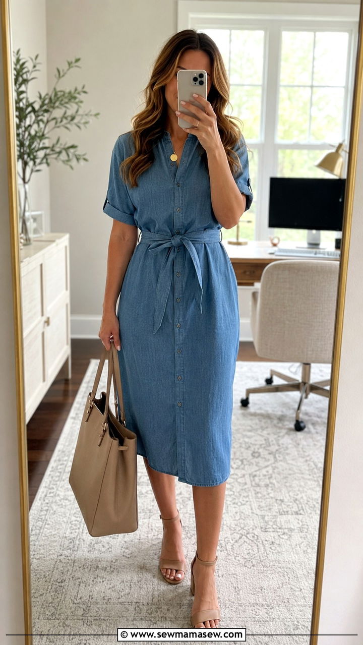 Belted Midi Shirt Dress with Low Block Heels - 30 Modest outfit ideas for working mom
