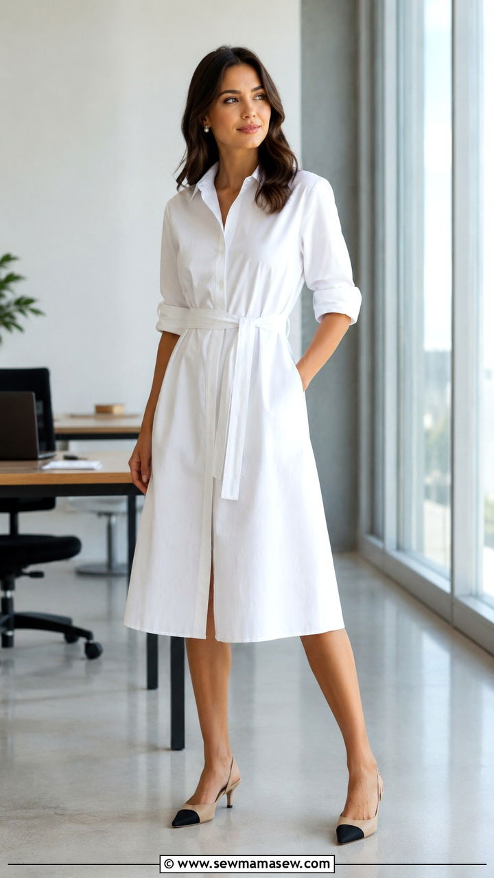 Belted Midi Shirtdress with Slingback Pumps - 25 Pumping friendly work outfits