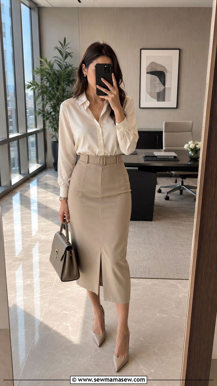 Belted Midi Skirt With Blouse - 30 Office outfits with midi skirt
