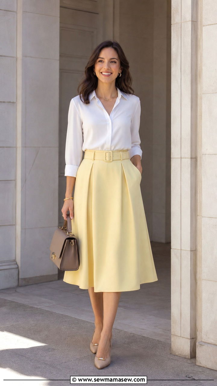 Belted Midi Skirt and Blouse Outfit - 40 Spring office outfits