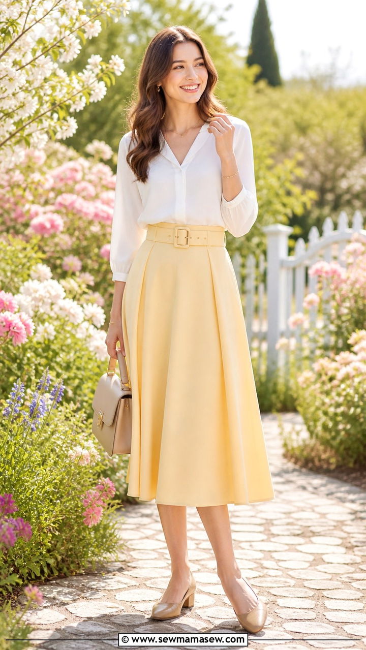 Belted Midi Skirt with Blouse - 40 cute work outfits