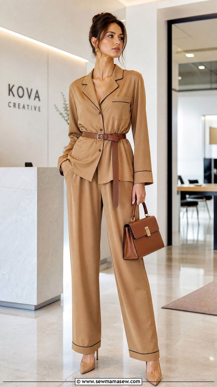 Belted Pajama Set With Pointed Toe Heels - 25 Classic pajama set outfit ideas