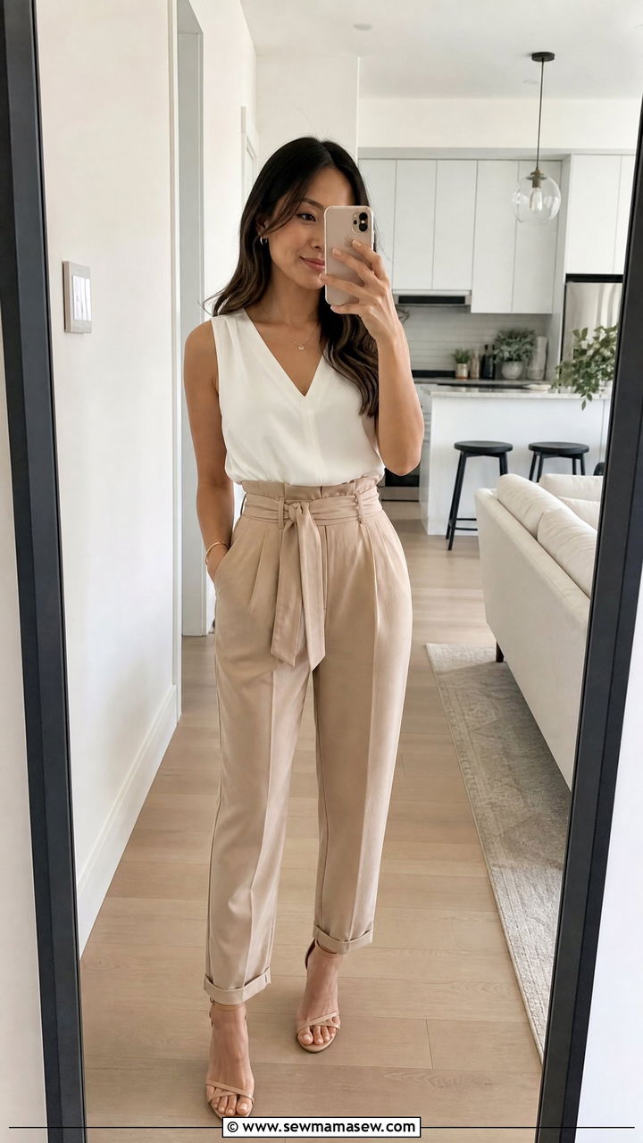 Belted Paperbag Trousers With a Sleeveless Blouse and Strappy Heels - 20 Petite outfit ideas 5'4