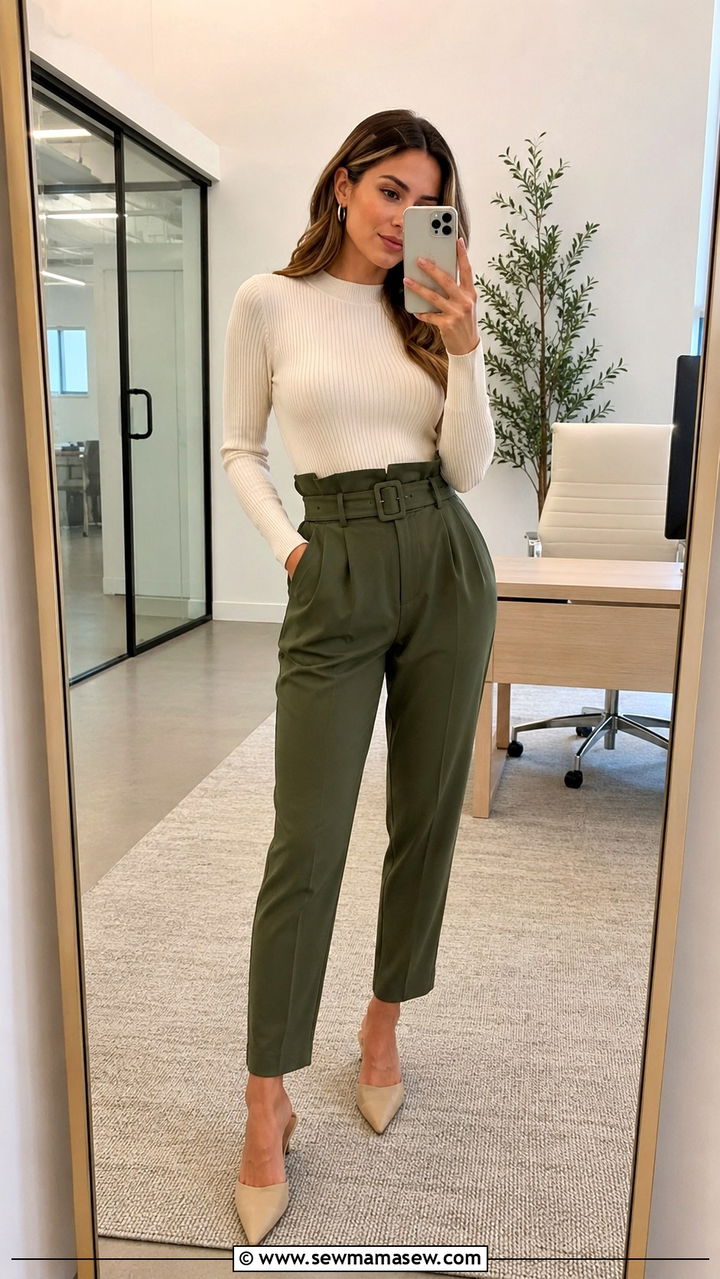 Belted Paperbag Trousers with Knit Top - 25 Outfit ideas for hourglass figure for work