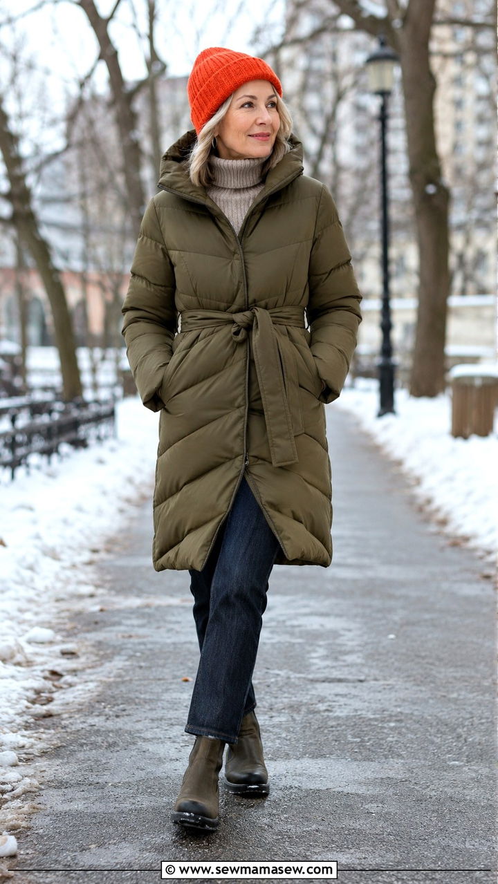 Belted Puffer Coat With Straight Jeans and Snow Boots - 30 Petite outfits for women over 50