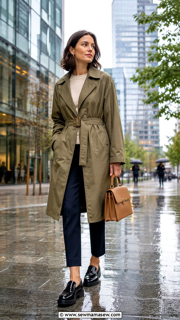 Belted Raincoat With Cropped Trousers and Loafers - 25 rainy day outfits trends