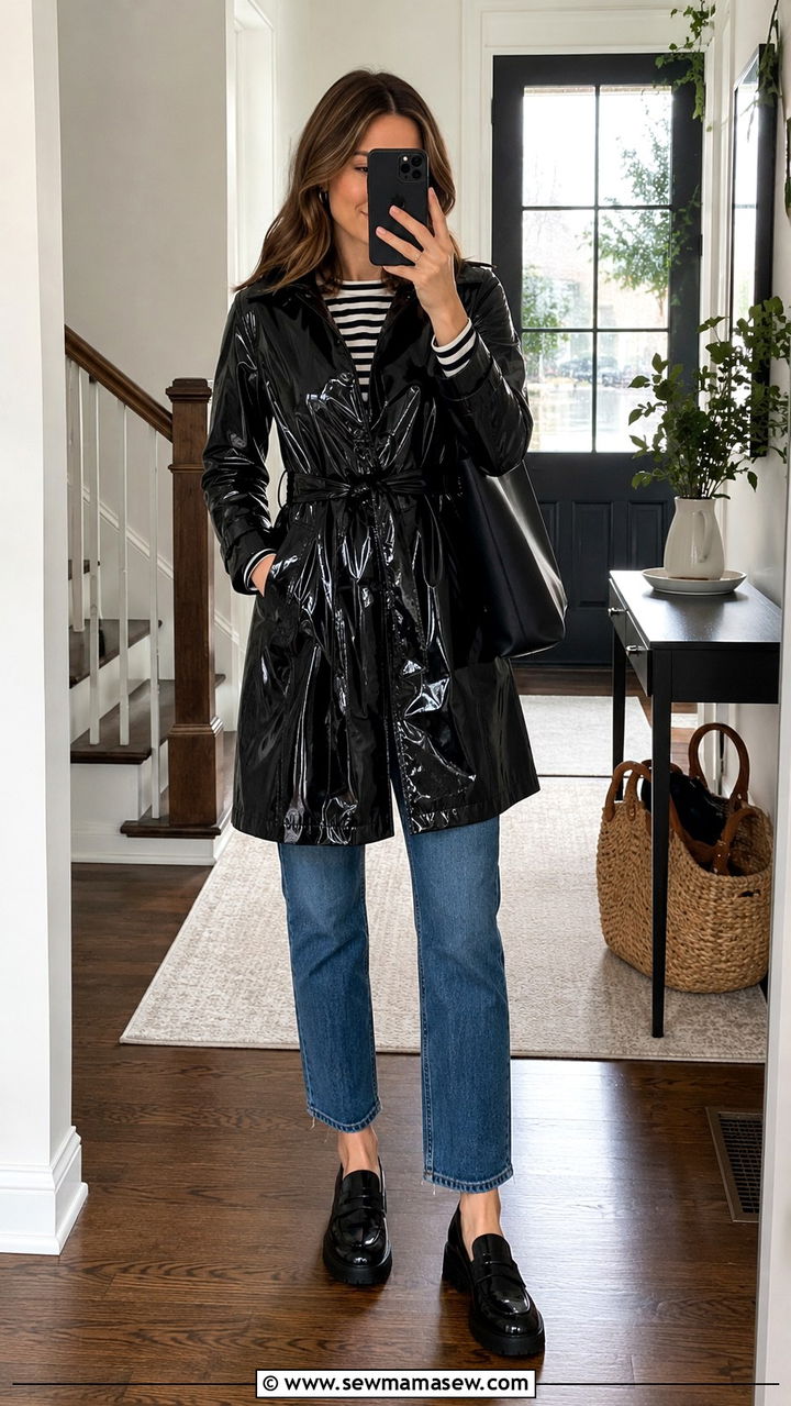 Belted Raincoat With Straight Leg Jeans And Lug Sole Loafers - 25 rainy day outfits Pinterest