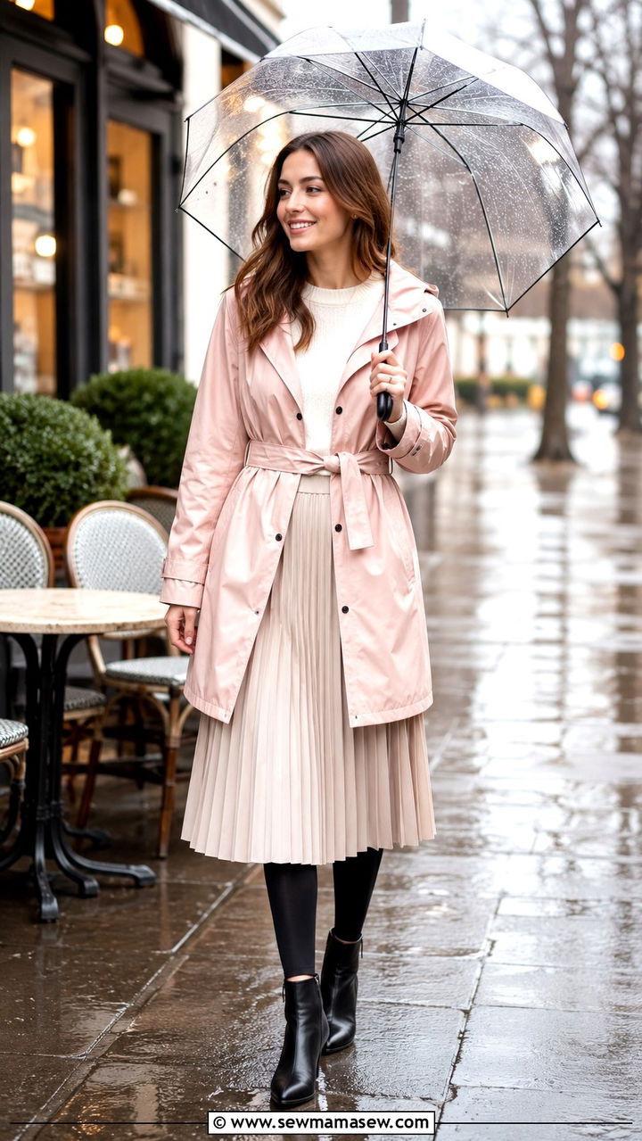 Belted Raincoat with Midi Skirt and Ankle Boots - 25 rainy day outfits inspo