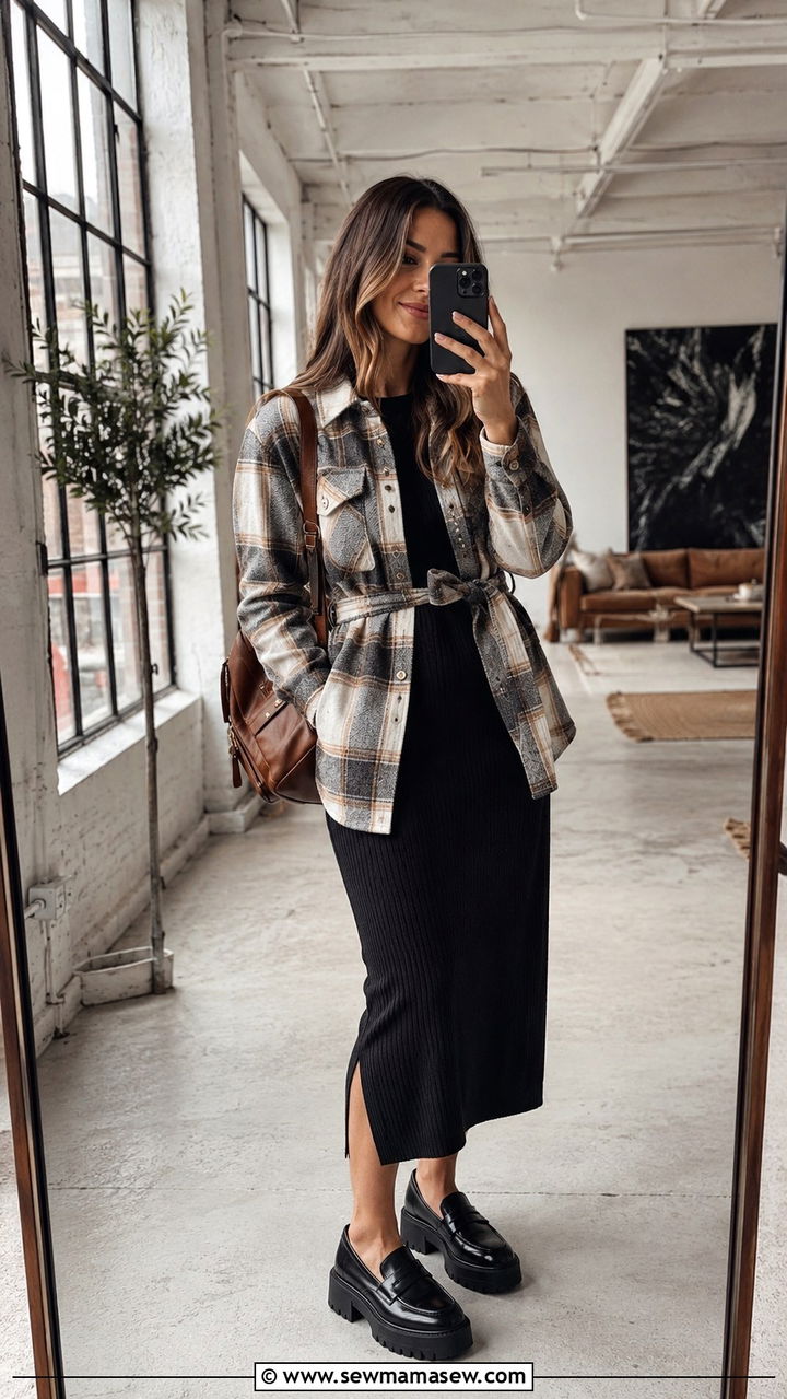 Belted Shacket Over Knit Dress and Platform Loafers - 30 transitional business casual outfits