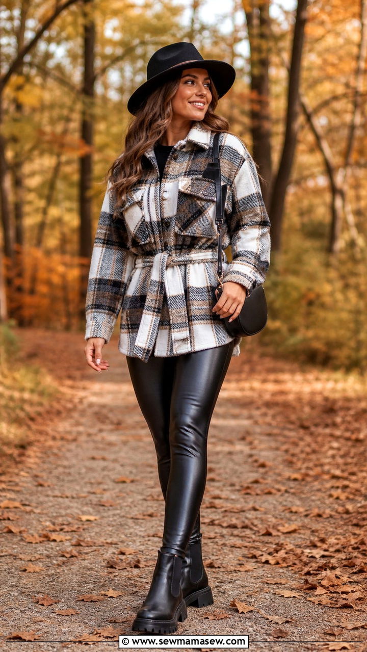 Belted Shacket and Faux Leather Leggings Fall Outfit - 40 travel outfits ideas
