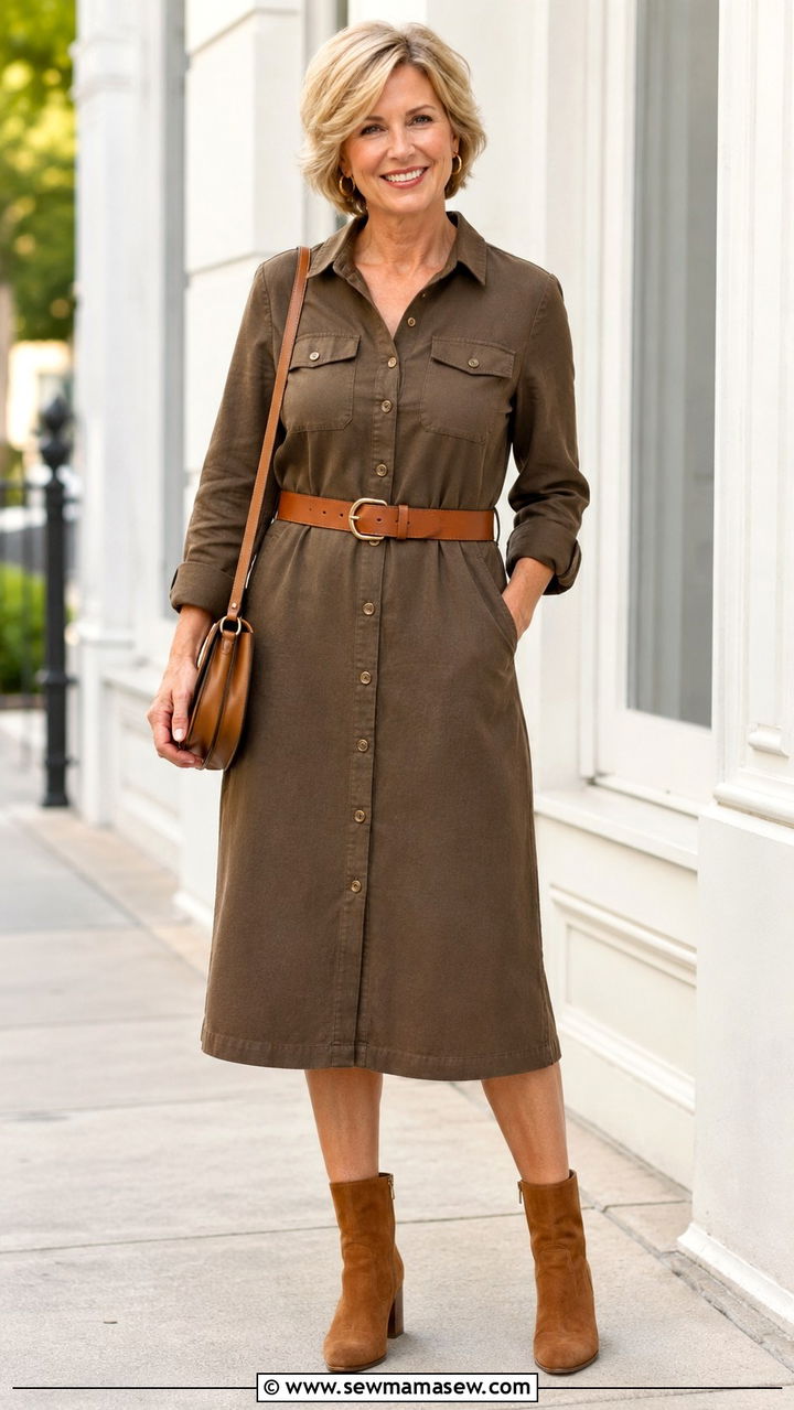 Belted Shirt Dress Outfit with Ankle Boots - 25 Outfit ideas for rectangle over 50