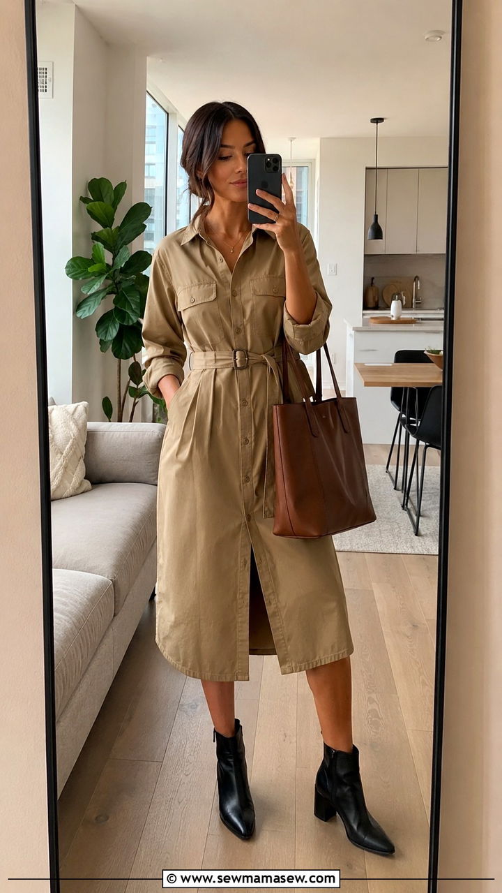 Belted Shirt Dress With Ankle Boots - 30 Outfit ideas for long torso