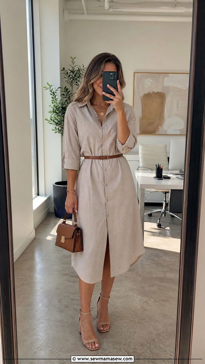 Belted Shirt Dress With Block Heels - 30 summer shirt dress outfit ideas