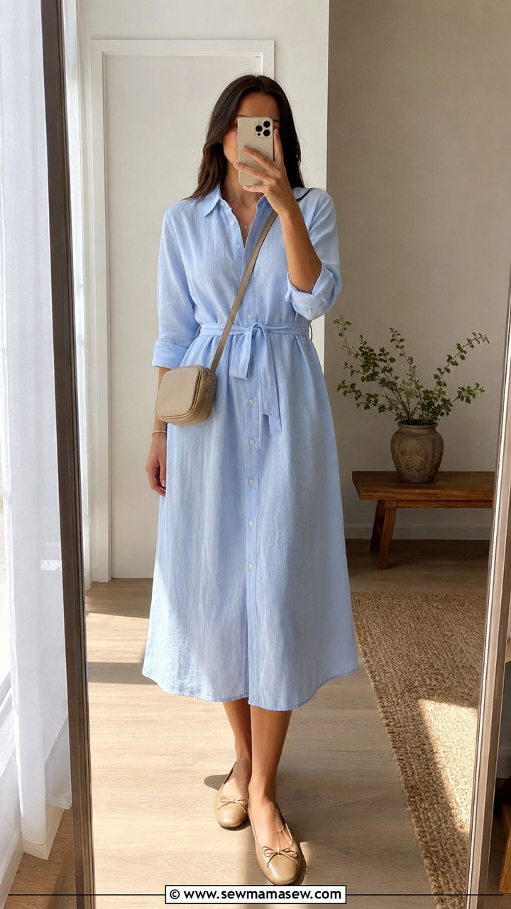 Belted Shirt Dress With Flats Outfit - 30 casual modest classy outfits