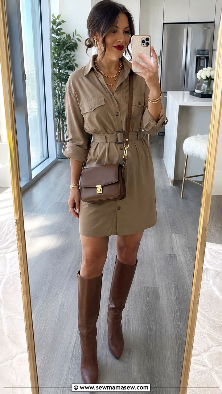 Belted Shirt Dress With Knee High Boots - 25 Beauty conference outfit ideas