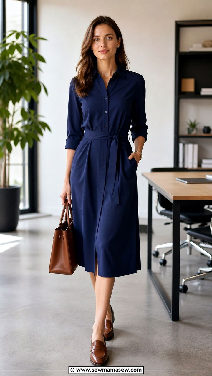 Belted Shirt Dress With Leather Loafers and a Structured Bag - 40 First day of work outfits