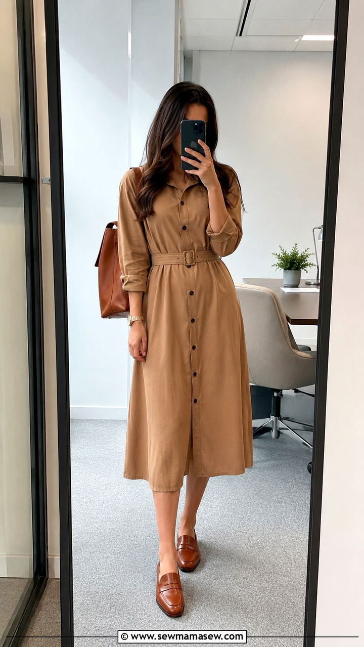 Belted Shirt Dress With Loafers Outfit - 30 modest office outfit ideas