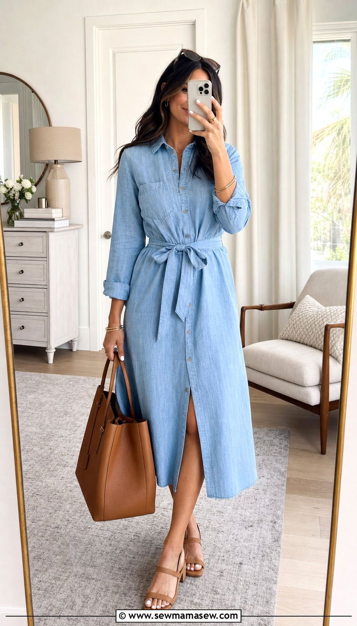 Belted Shirt Dress With Low Block Heels Outfit - 25 spring outfits for short torso women