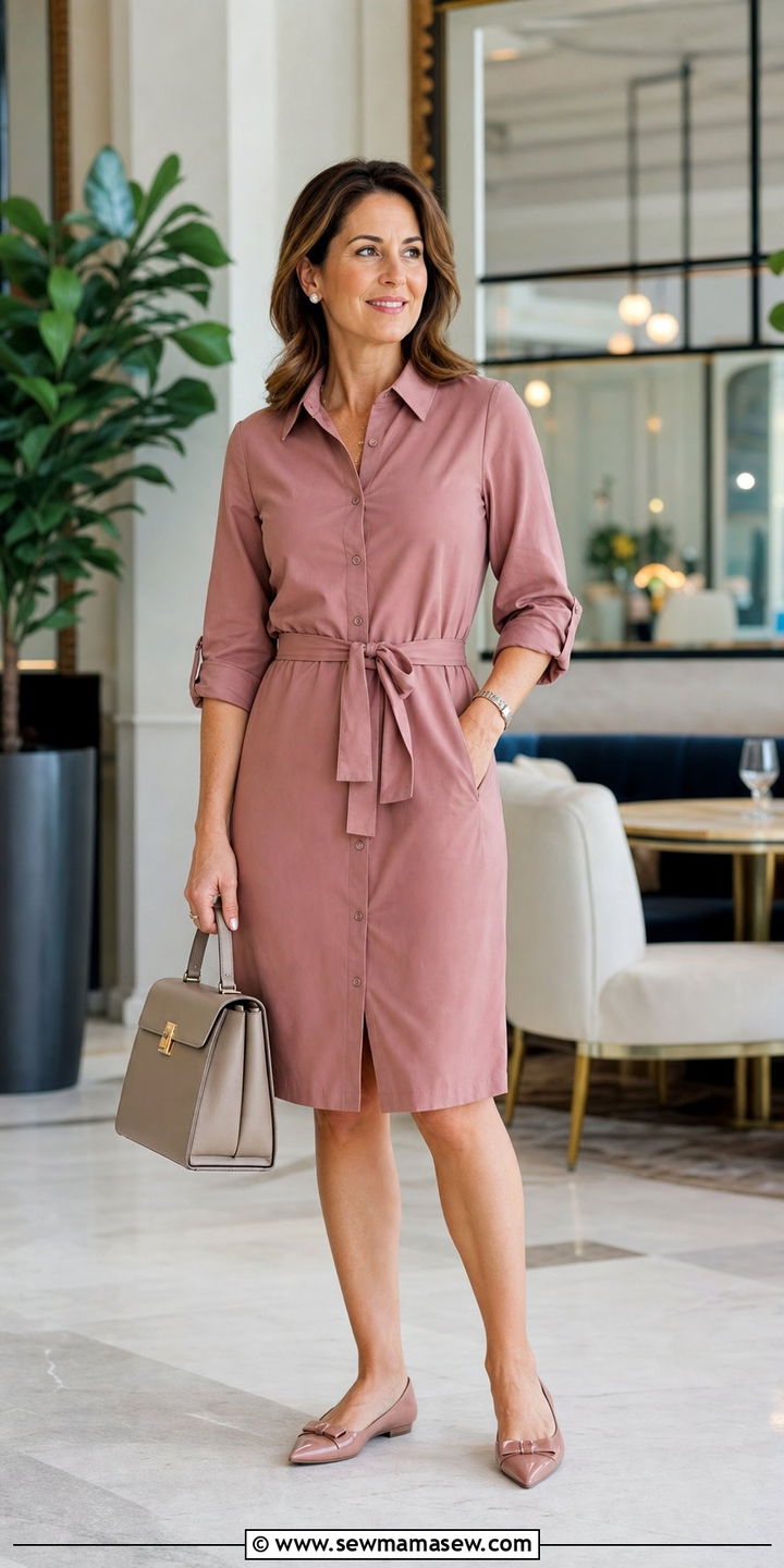 Belted Shirt Dress With Pointed Toe Flats - 25 shirt dress outfits for women over 40
