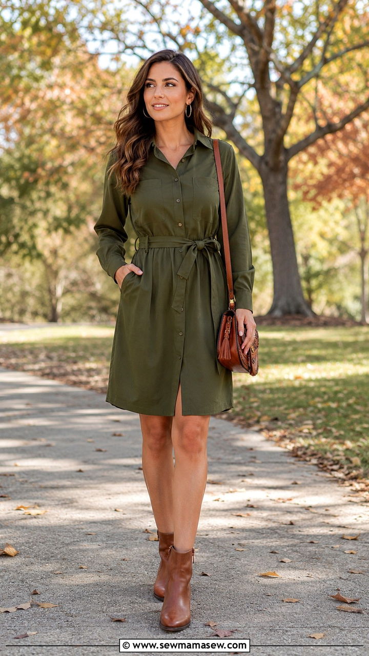 Belted Shirt Dress and Ankle Boots for Photoshoot - 25 Photoshoot outfits for midsize women
