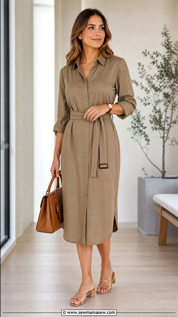 Belted Shirt Dress and Low Block Heels Outfit - 25 work outfits for new moms