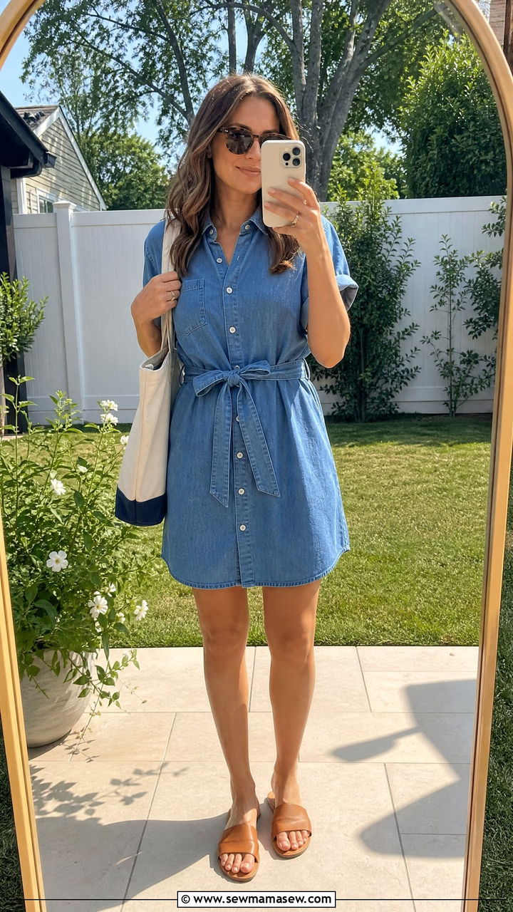 Belted Shirt Dress and Slide Sandals - 25 bridal shower outfits for women over 40