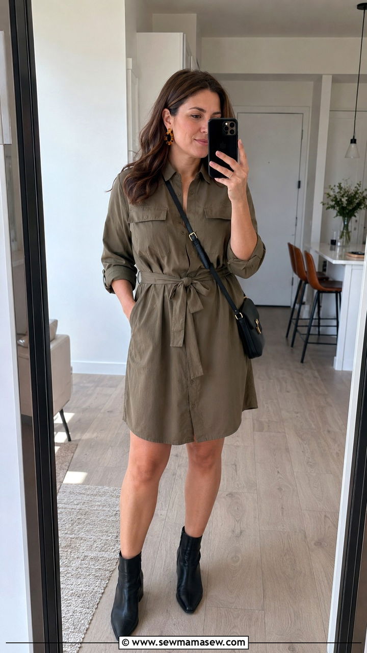 Belted Shirt Dress with Ankle Boots - 30 transitional midsize outfit ideas
