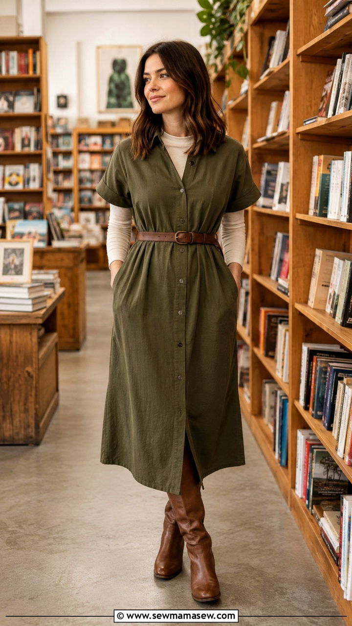 Belted Shirt Dress with Flat Knee High Boots - 25 Retail manager outfit ideas