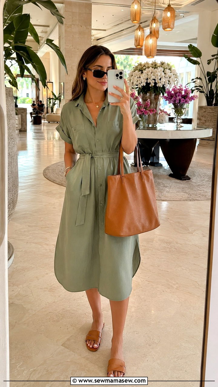Belted Shirt Dress with Flat Slide Sandals - 30 cute resort outfits