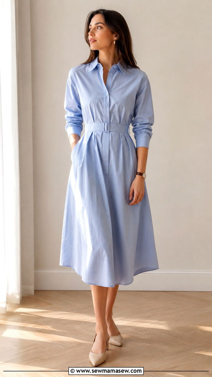 Belted Shirt Dress with Kitten Heels - 20 work outfits for apple shaped body