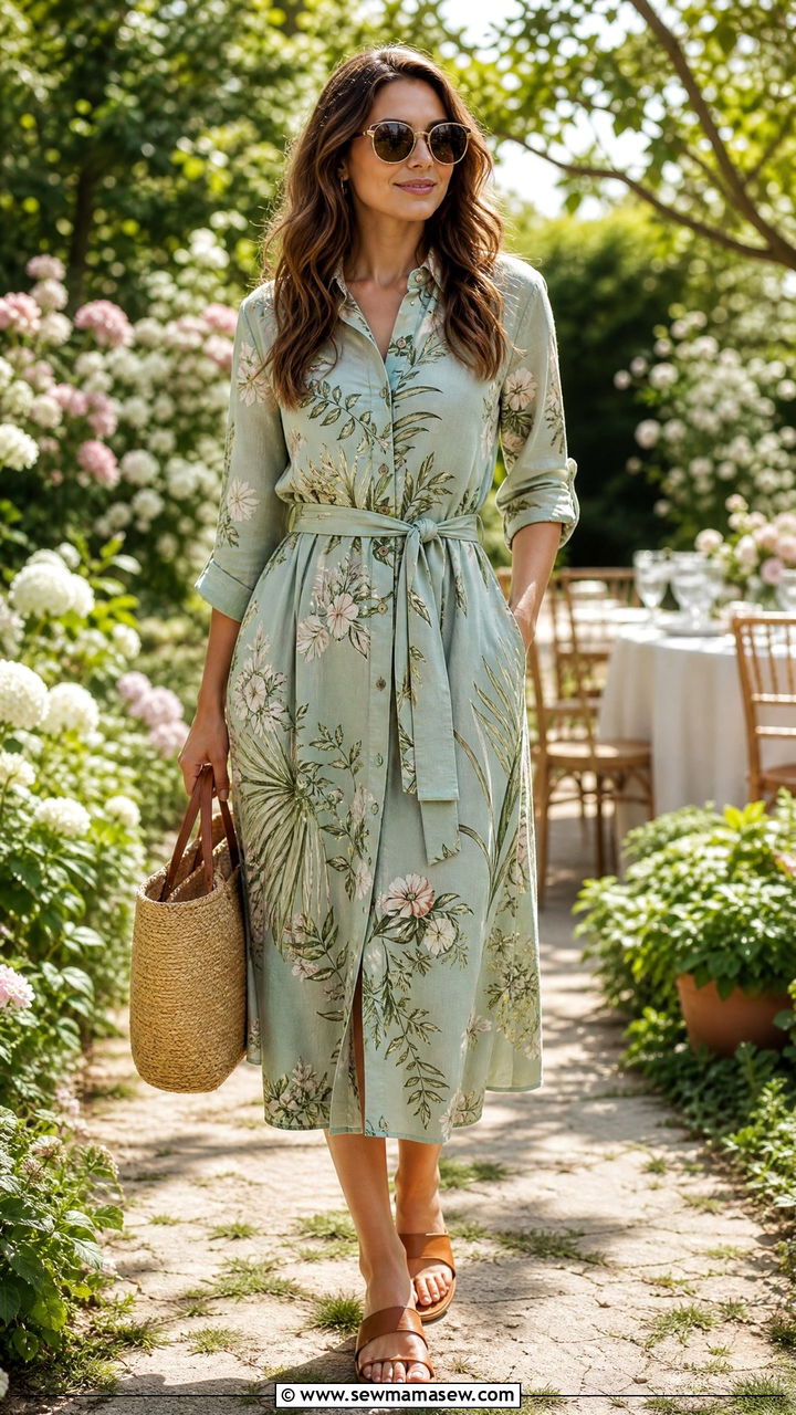 Belted Shirt Dress with Leather Sandals - 35 Garden party outfit ideas