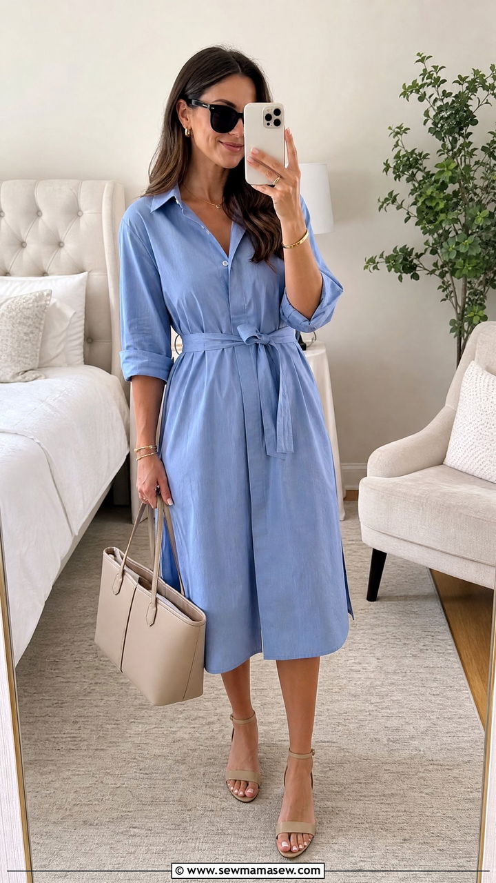 Belted Shirt Dress with Low Block Heels - 35 Graduation outfits for guests