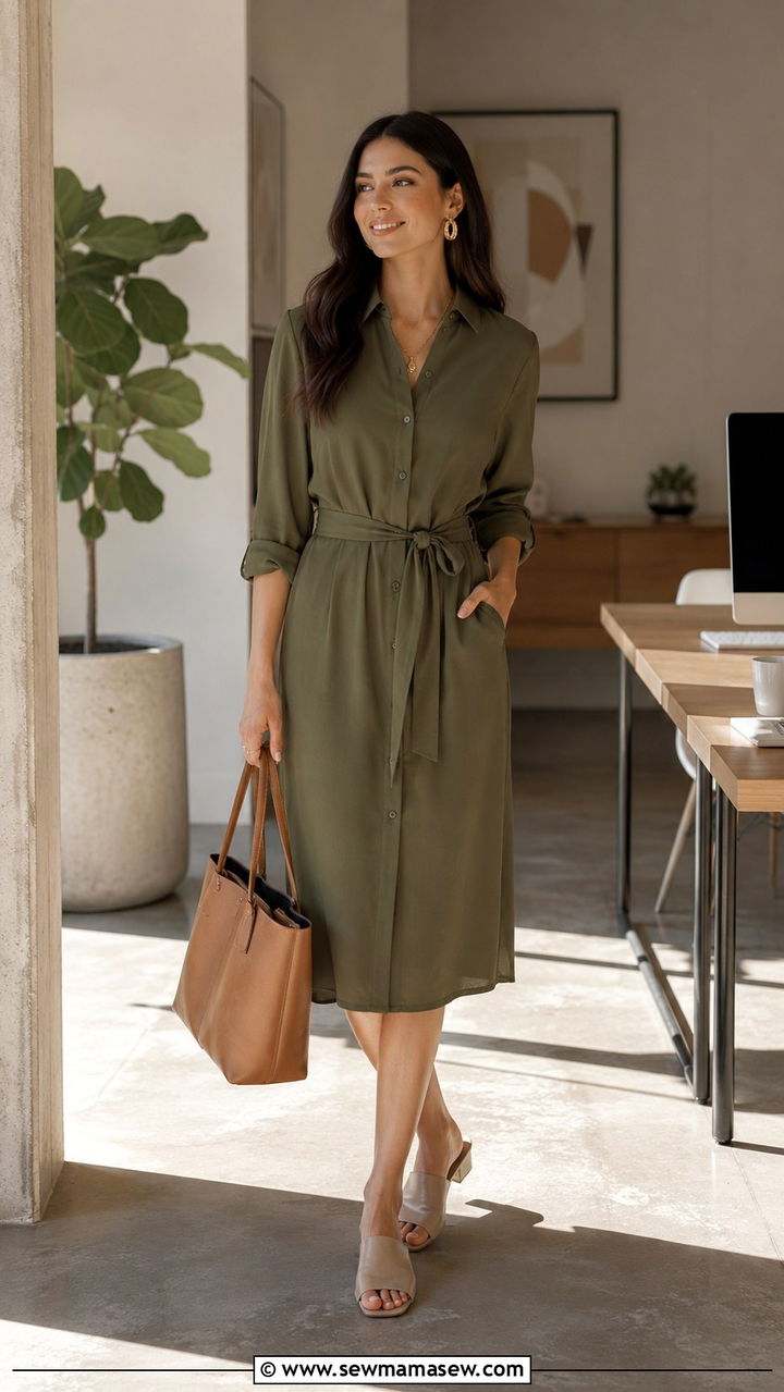 Belted Shirt Dress with Low Heel Mules and a Tote - 25 work outfits Pinterest