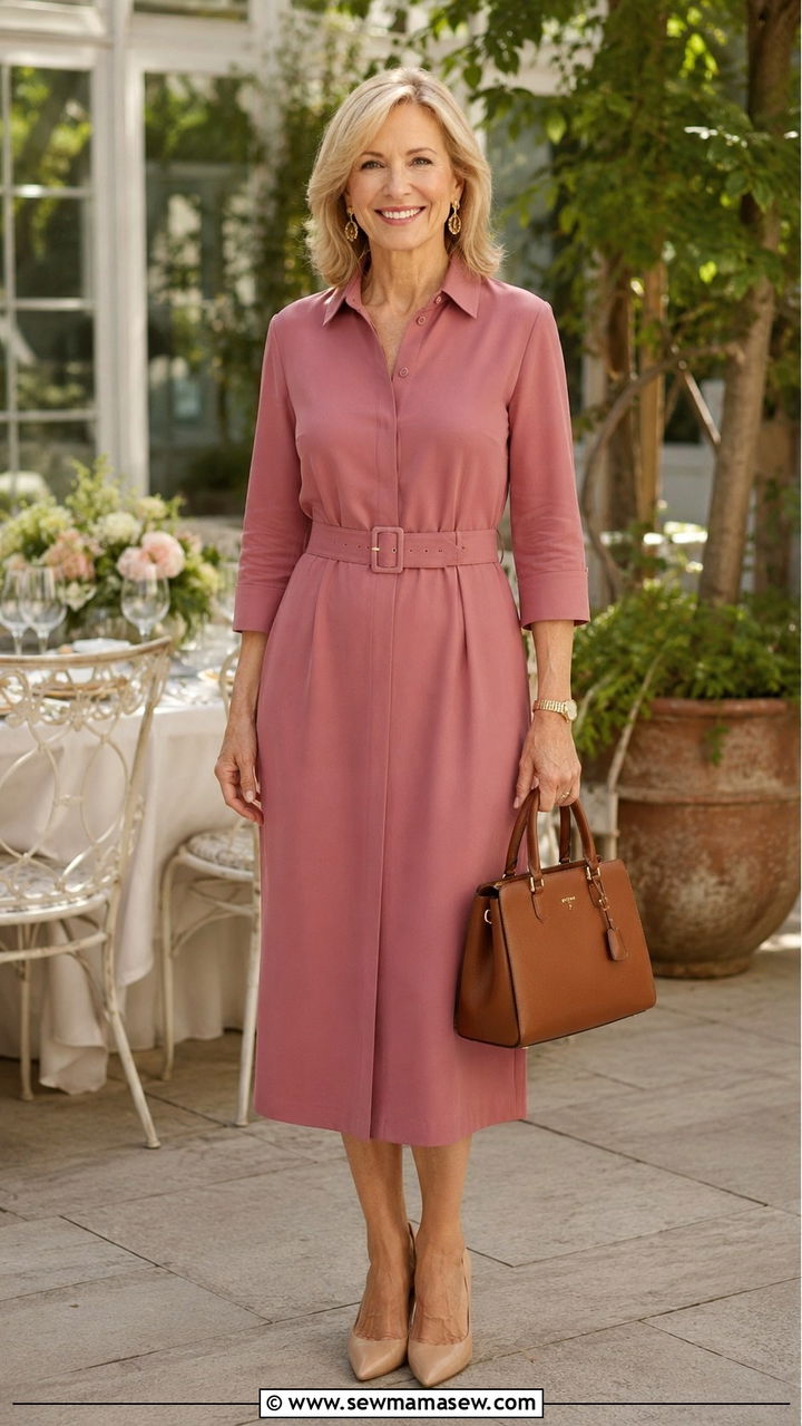 Belted Shirt Dress with Nude Pumps - 30 Quiet luxury outfits for women over 50