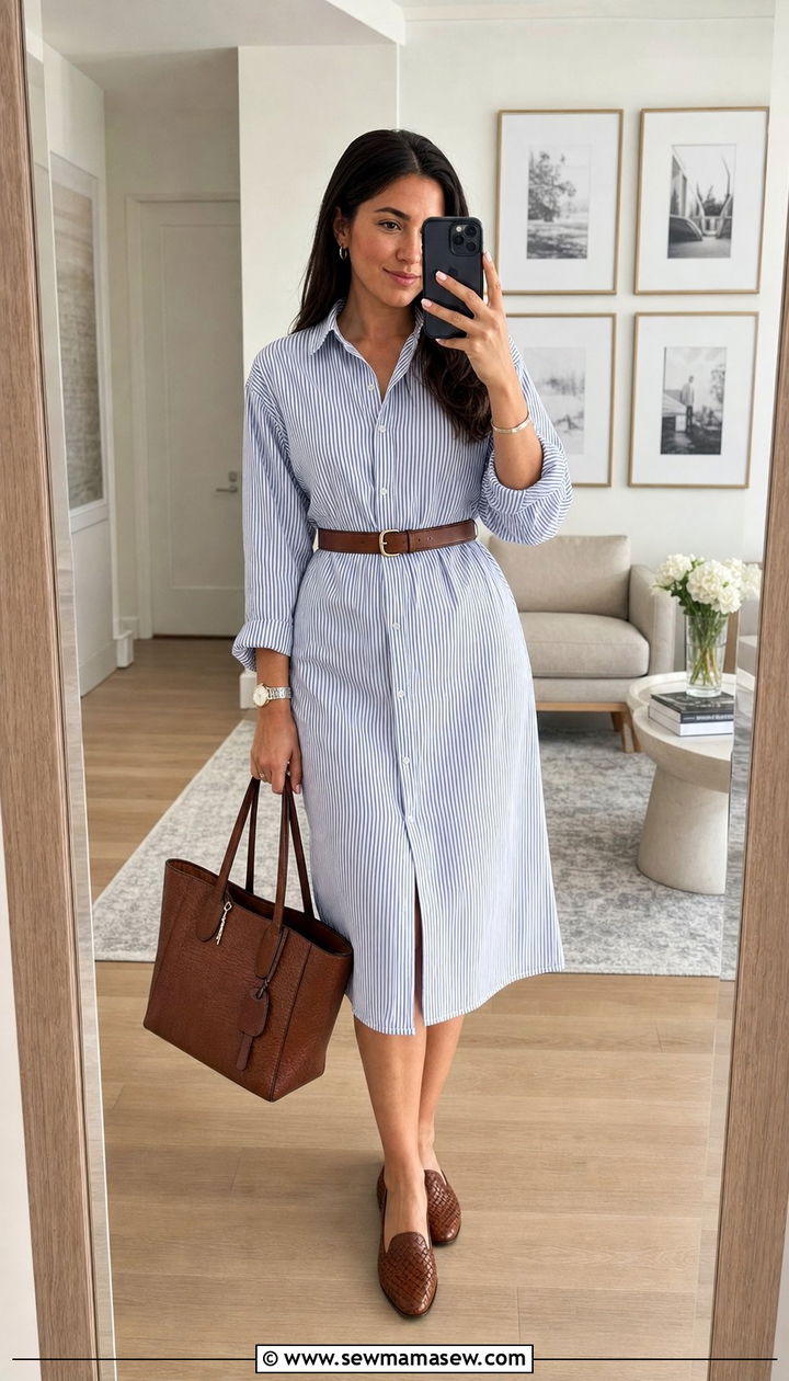 Belted Shirt Dress with Woven Loafers - 25 Spring outfits for hourglass figure
