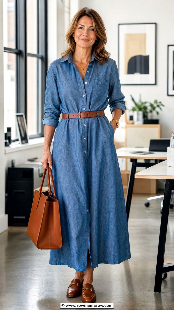 Belted Shirt Maxi Dress with Loafers and a Leather Tote - 30 Maxi dress for women over 50 outfit ideas