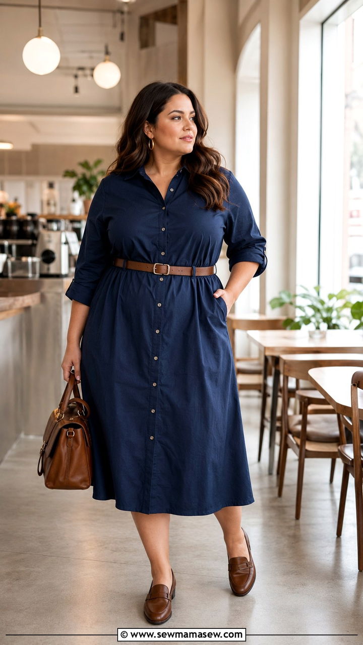 Belted Shirtdress Midi With Loafers - 25 Plus size work outfit ideas 2026