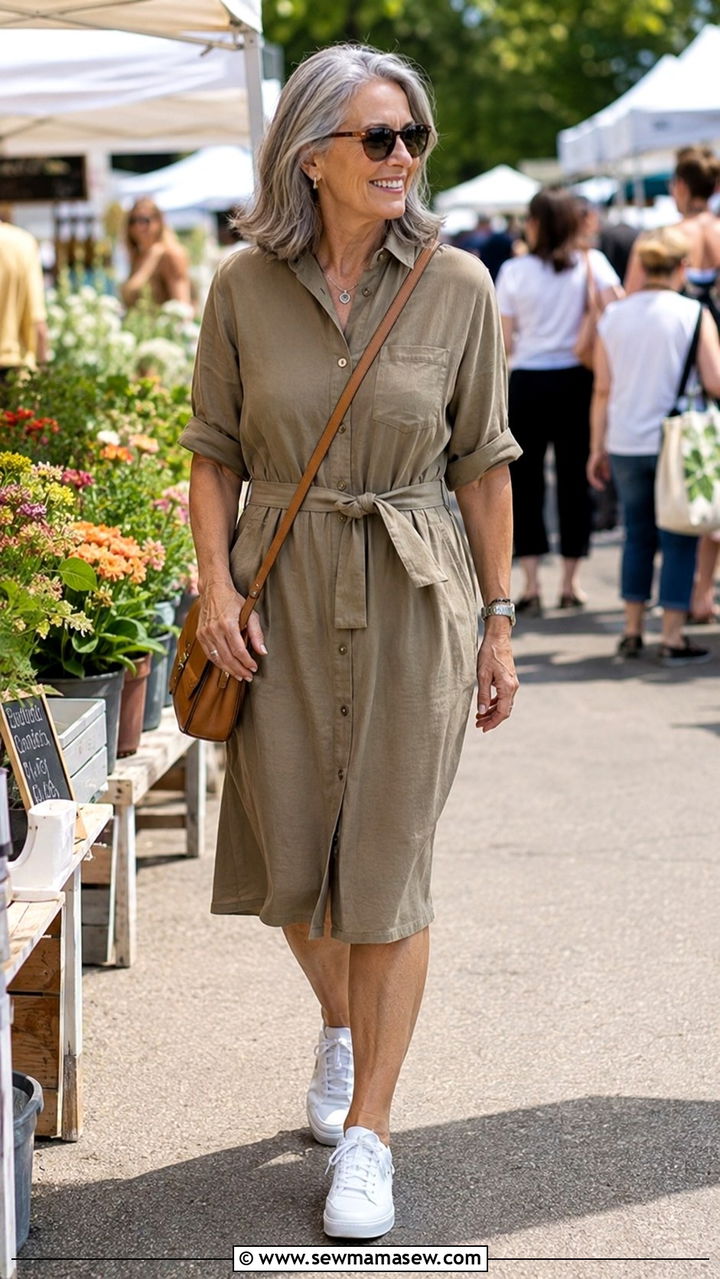 Belted Shirtdress Sneakers - 30 Cute outfits for women over 50