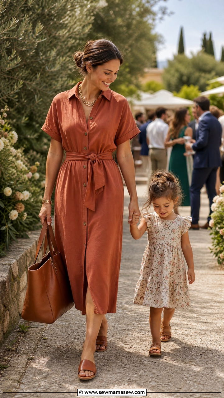 Belted Shirtdress With Flat Mules And A Leather Tote - 25 Wedding guest outfit ideas with kids in tow