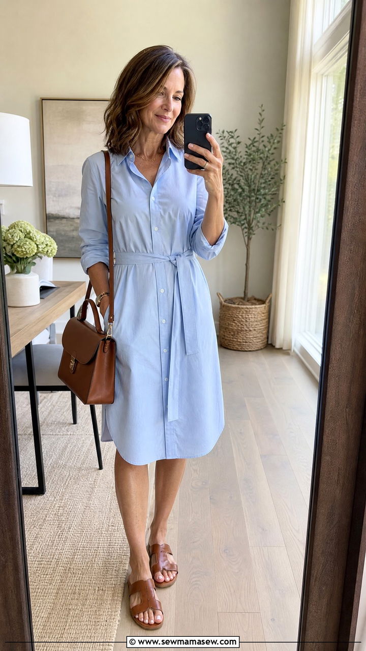 Belted Shirtdress With Flat Sandals Outfit - 25 Fashion over 40 outfit ideas