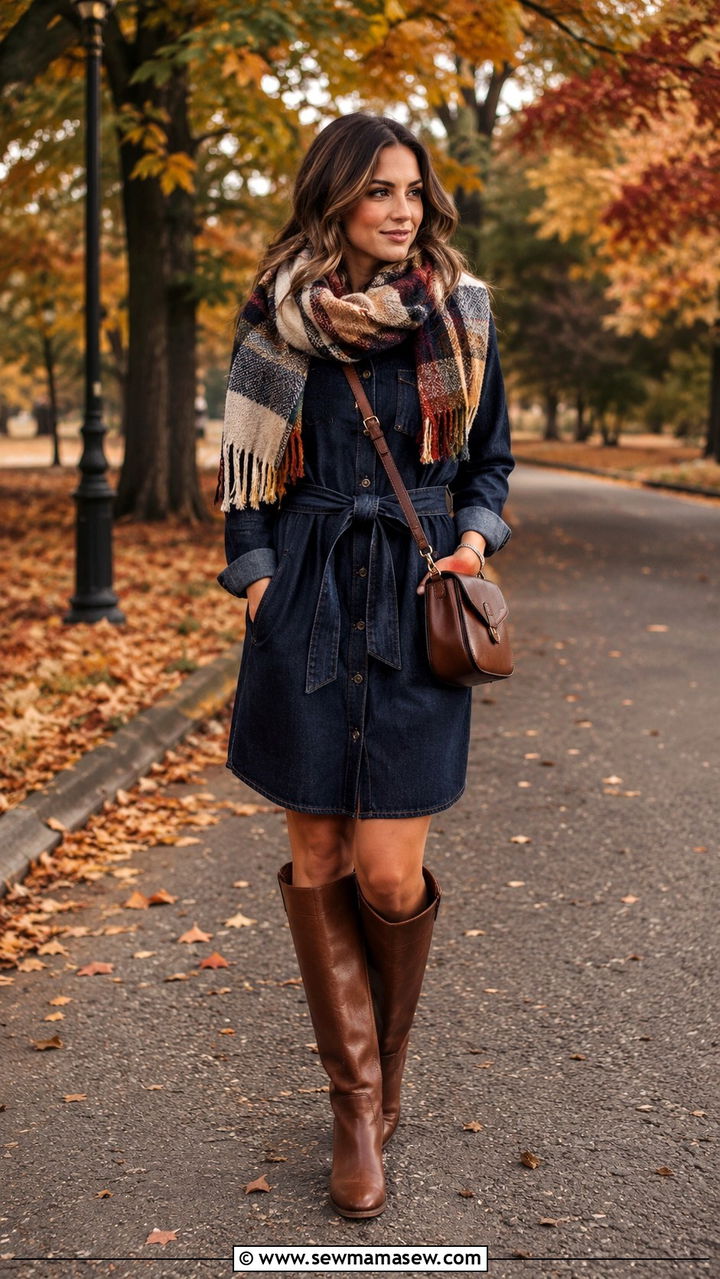 Belted Shirtdress With Knee High Flat Boots - 30 Trendy outfits for women over 40