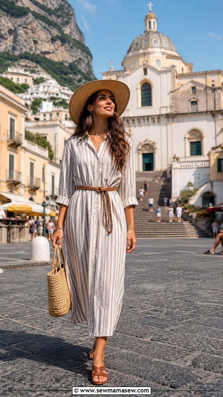 Belted Shirtdress With Straw Accessories - 40 What to wear in Positano
