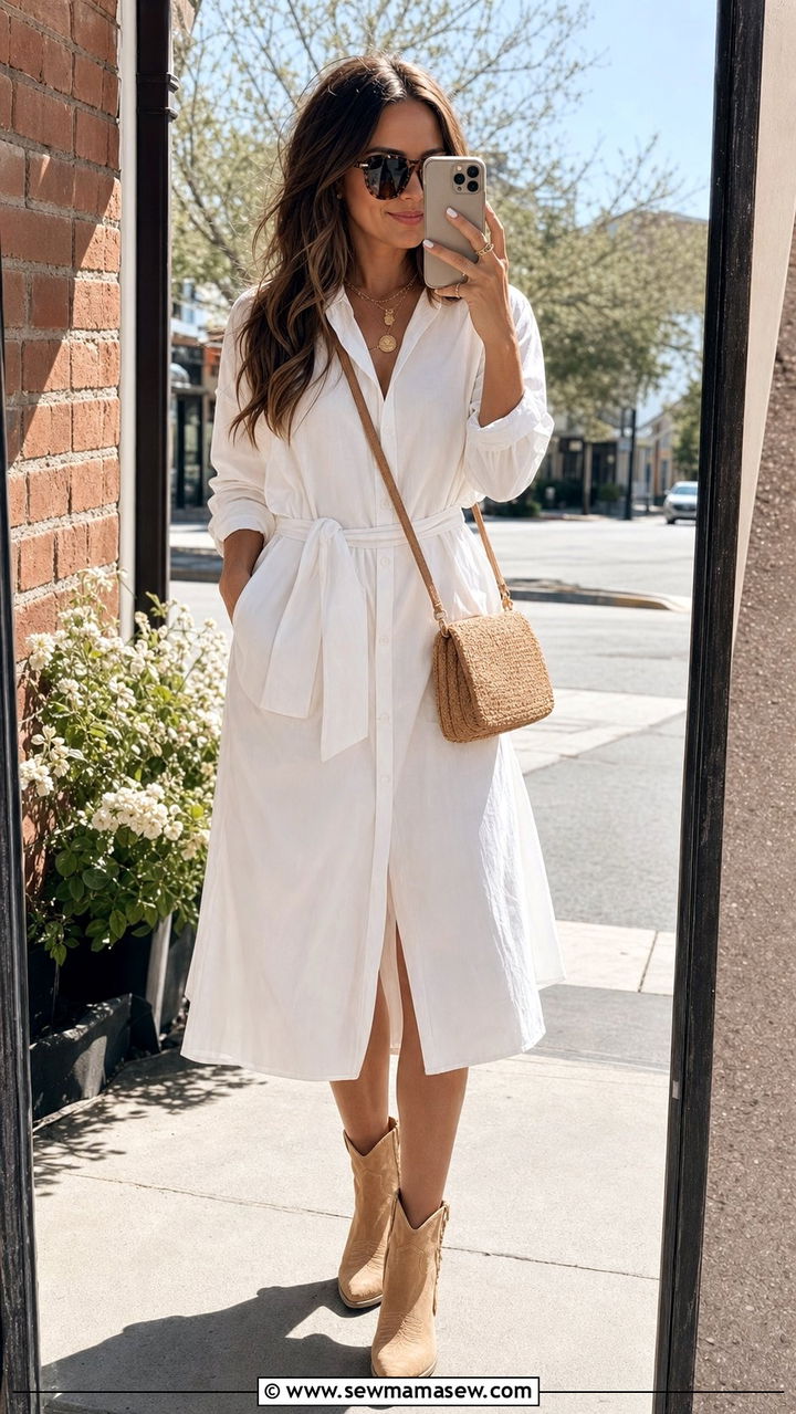 Belted Shirtdress With Western Boots Spring Outfit - 25 spring outfit ideas inspo