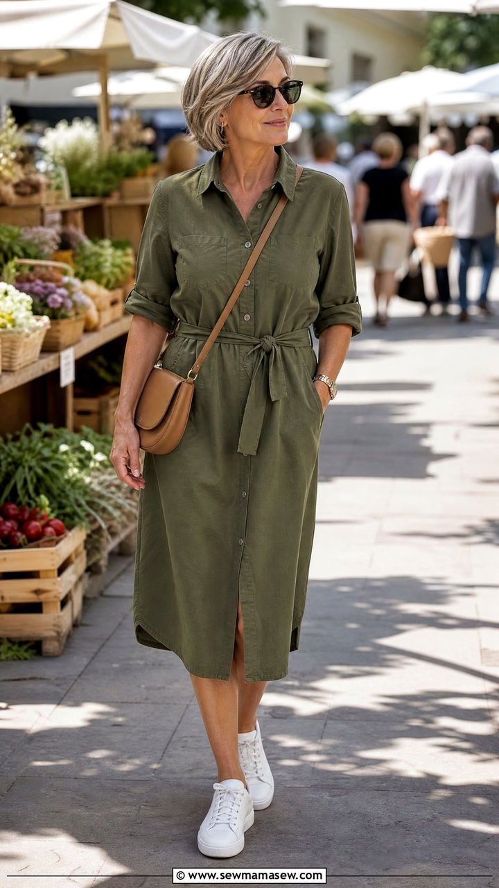 Belted Shirtdress With White Sneakers - 30 Minimalist outfits for women over 50