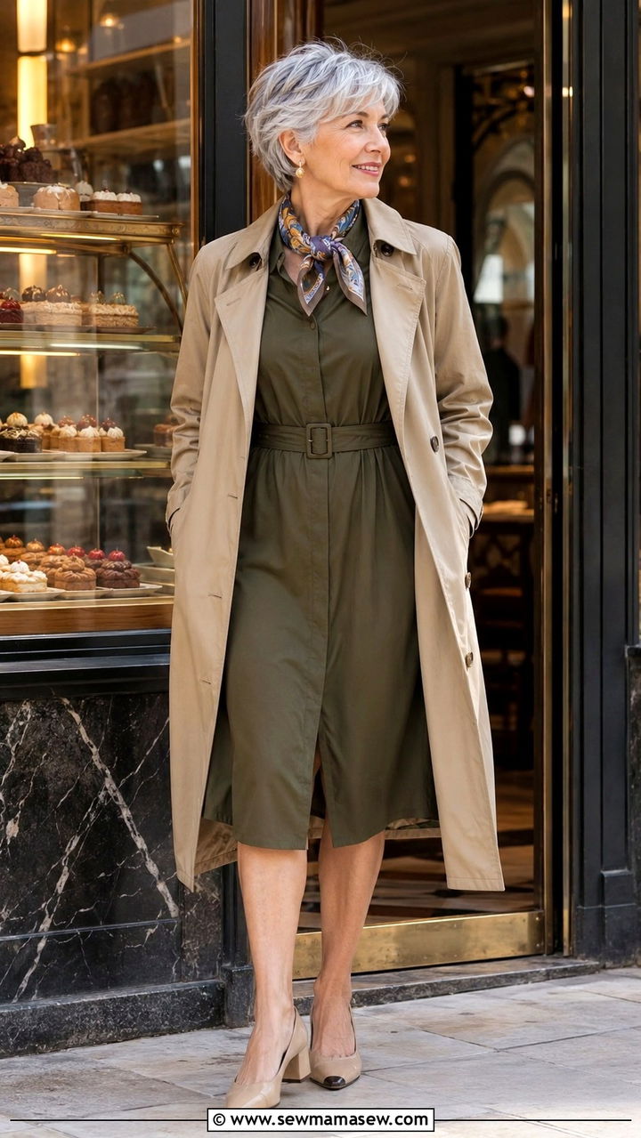 Belted Shirtdress and Trench Coat Outfit - 30 Parisian outfits for women over 60