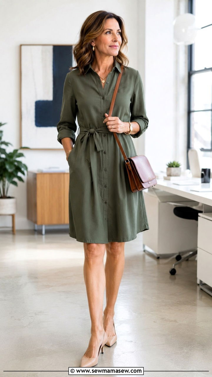 Belted Shirtdress with Kitten Heels - 30 office outfits for women over 40