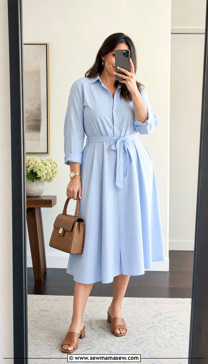Belted Shirtdress with Mules - 25 Spring outfits for pear shape