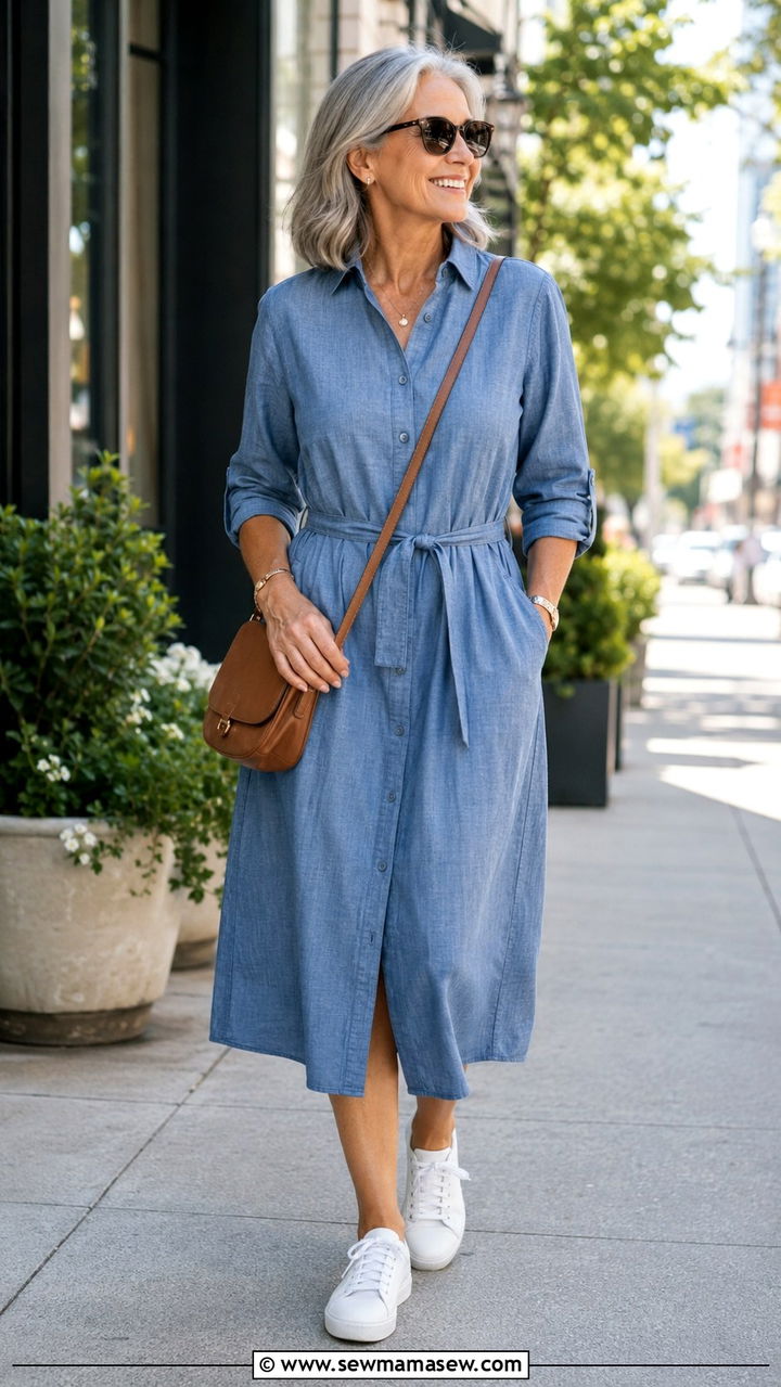 Belted Shirtdress with Sneakers Outfit - 30 Trendy outfits for women over 50