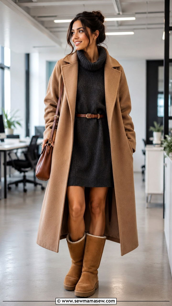 Belted Sweater Dress with Classic Ugg Boots Outfit - 25 Uggs with dress outfit ideas
